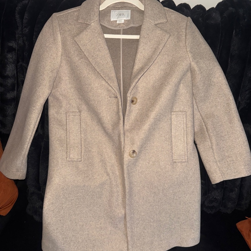 Zara Taupe Beige Kids' Wool-Blend Pea Coat